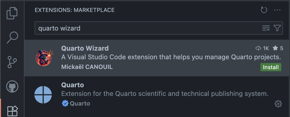 Visual Studio Code Extensions Marketplace showing Quarto Wizard search
results with install button.
