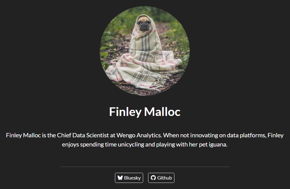 Screenshot of About page with jolla template. Photo is a centered circle above a heading with the author's name. There is a centered paragraph below the header, a separator line, and then buttons for Bluesky and GitHub centered at the bottom.